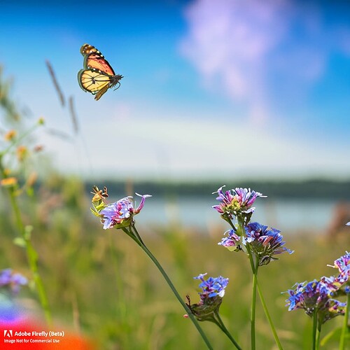 Firefly flower meadow in the summer. A butterfly fliying around. Blue sky. A Lake in the backround.