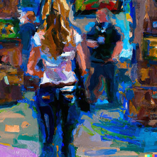DALL·E 2022-08-22 09.08.21 - A slim middle aged woman walks through a video gaming themed convention hall, oil on canvas