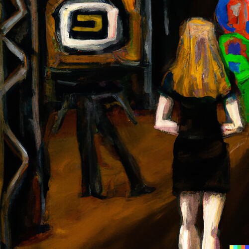 DALL·E 2022-08-22 09.08.25 - A slim middle aged woman walks through a video gaming themed convention hall, oil on canvas