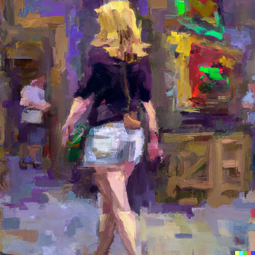 DALL·E 2022-08-22 09.08.23 - A slim middle aged woman walks through a video gaming themed convention hall, oil on canvas