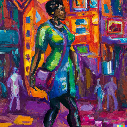 DALL·E 2022-08-22 09.08.19 - A slim middle aged woman walks through a video gaming themed convention hall, oil on canvas